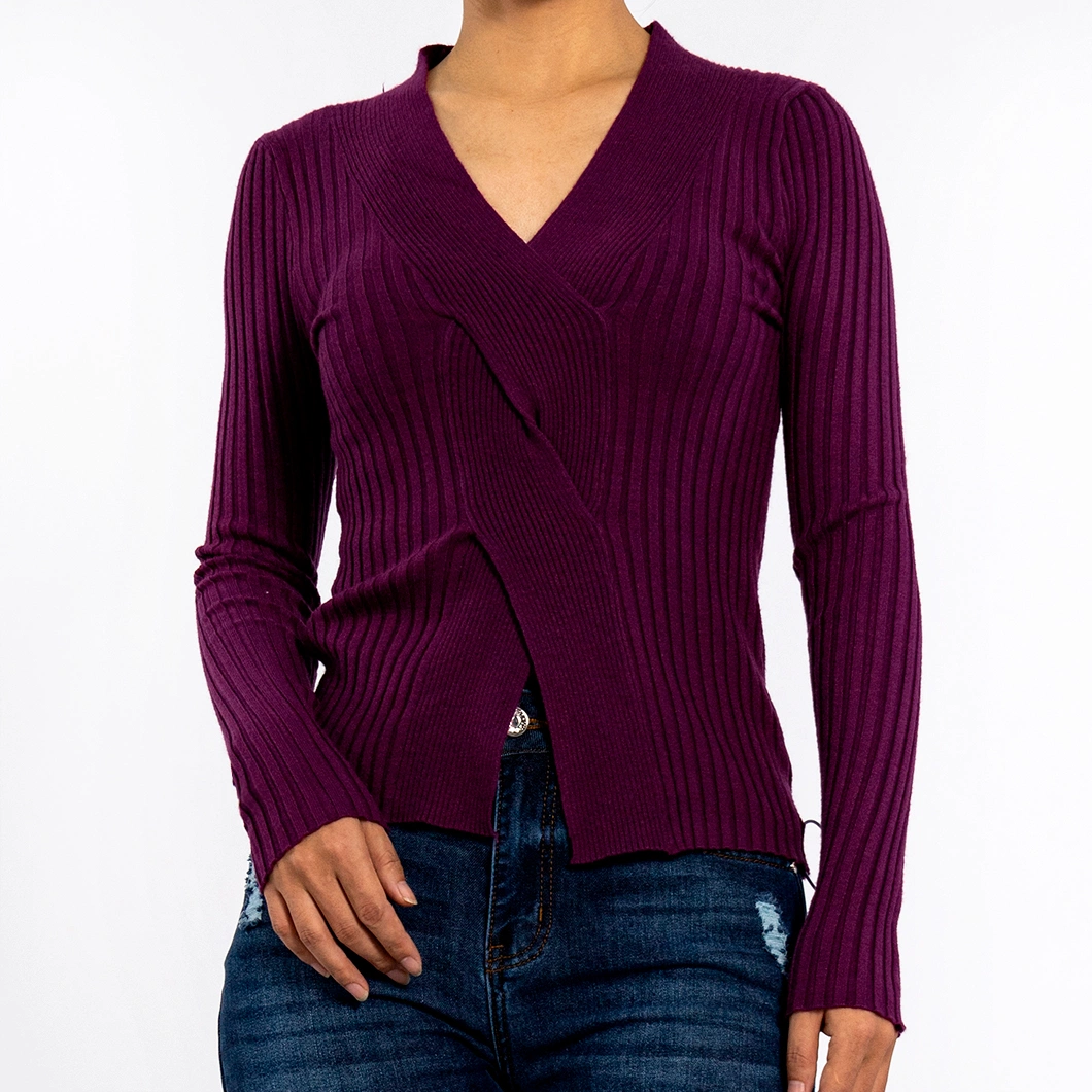Women&prime;s V-Neck Waist Open Cross Pit Stripes Long Sleeve Pullover Cropped Sweater Knitwear