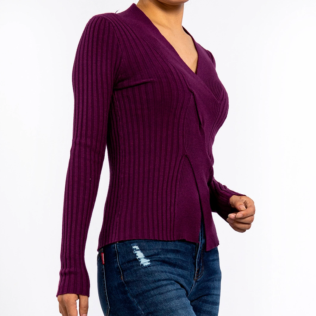Women&prime;s V-Neck Waist Open Cross Pit Stripes Long Sleeve Pullover Cropped Sweater Knitwear