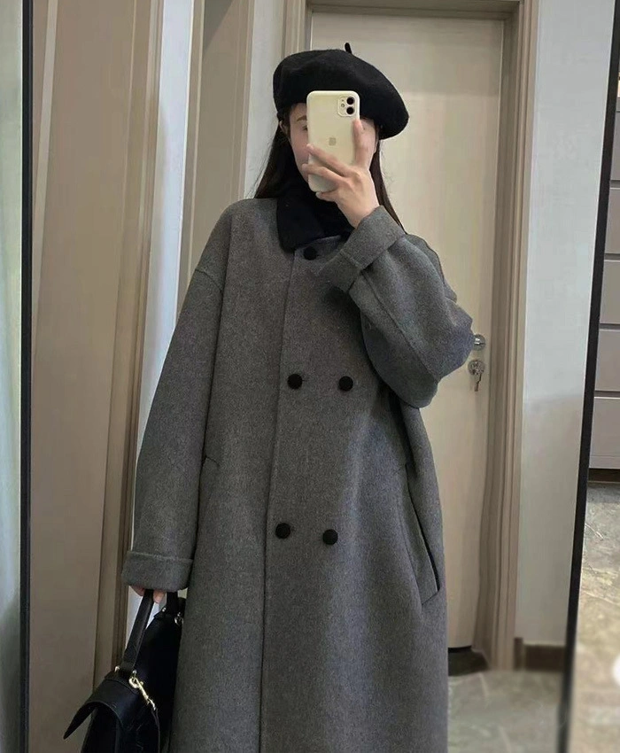 Autumn and Winter New Double-Sided Cashmere Coat Women&prime;s Medium Long Gray Knee Length Wool Coat