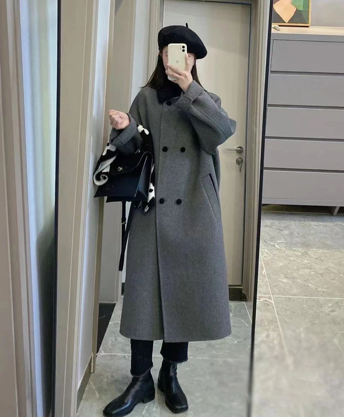 Autumn and Winter New Double-Sided Cashmere Coat Women&prime;s Medium Long Gray Knee Length Wool Coat