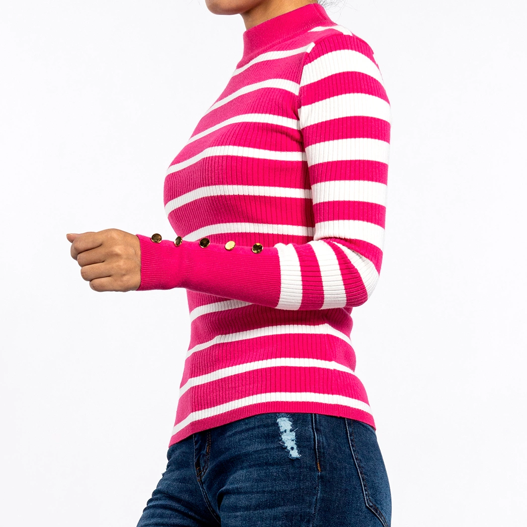 Round Neck Stripe Slim Long-Sleeved Pullover Rose Red Striped Sweater Women&prime;s Knitwear