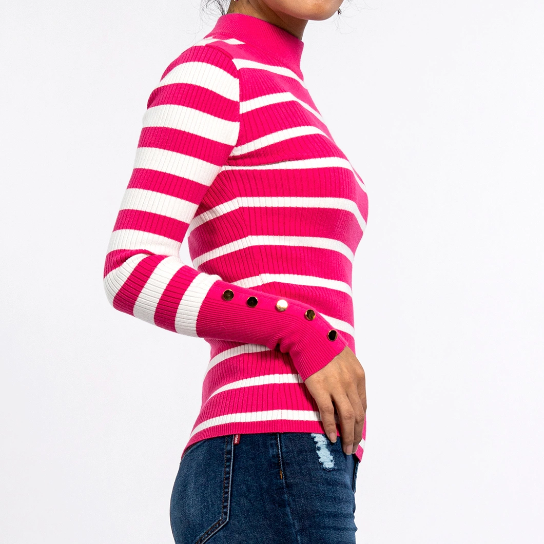 Round Neck Stripe Slim Long-Sleeved Pullover Rose Red Striped Sweater Women&prime;s Knitwear