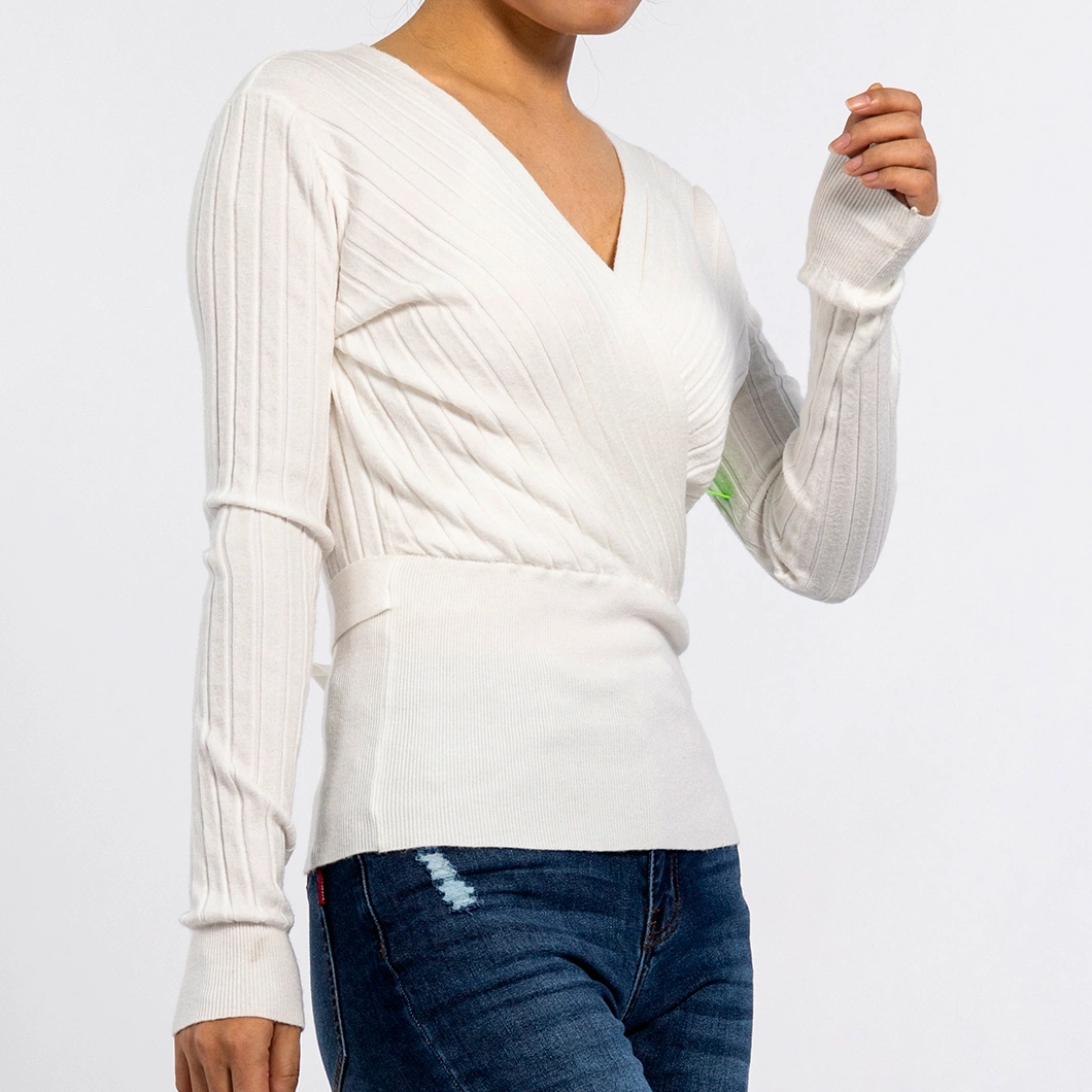V-Neck Cross Pit Stripes Long Sleeve Pullover White Cropped Sweater Women Knitwear